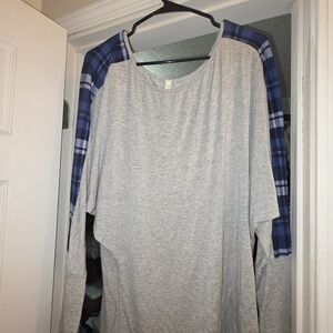 Celeste Gray Long Sleeve Top with Blue Plaid Accents